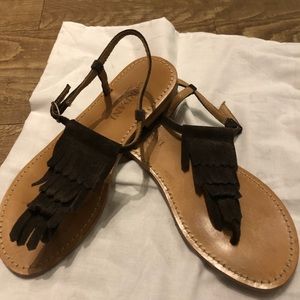 Cordani Brown Leather Fringe T-Strap Sandals